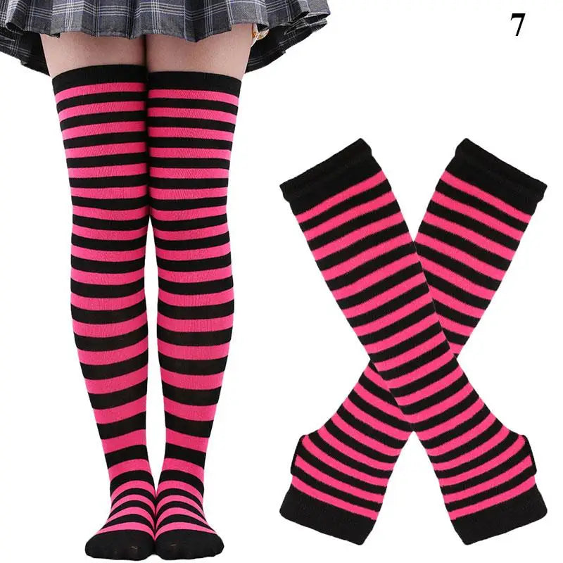 Striped neon scene knee length socks and fingerless gloves