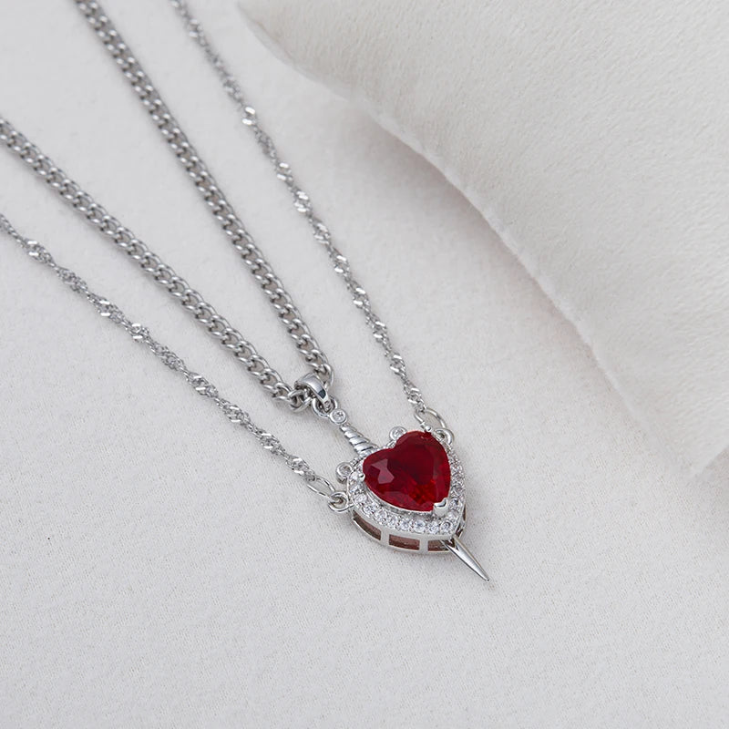 Stabbed heard detachable red/pink stone necklace