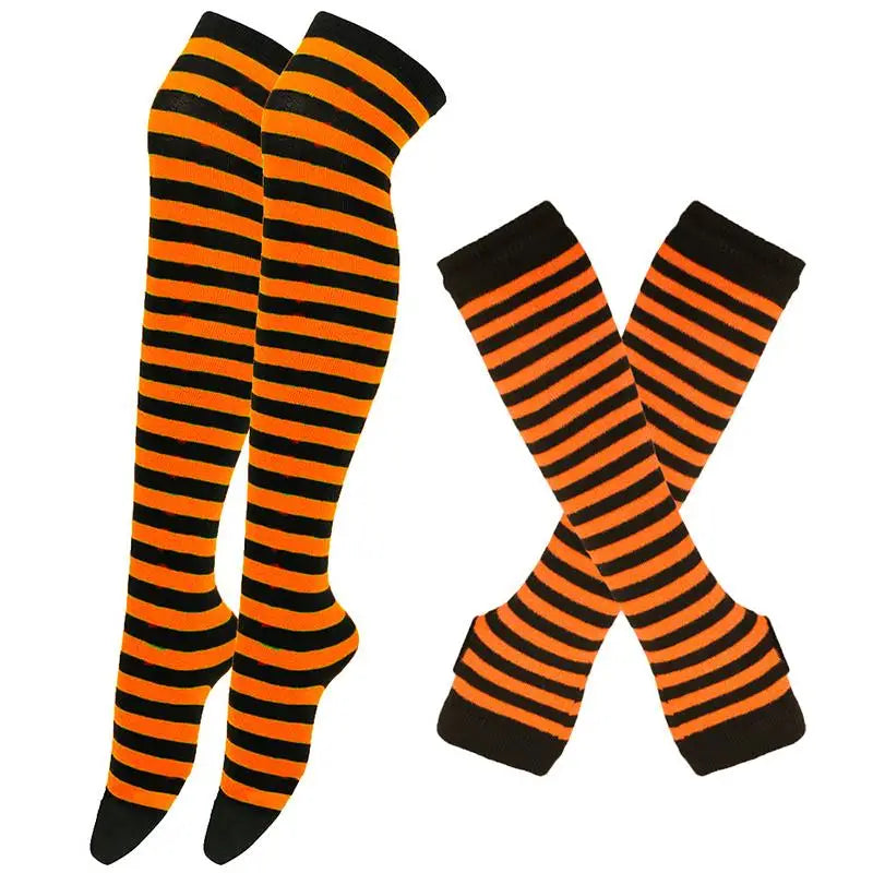 Striped neon scene knee length socks and fingerless gloves