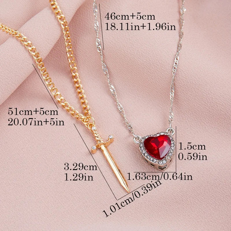 Stabbed heard detachable red/pink stone necklace