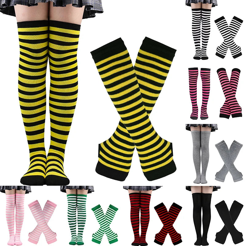 Striped neon scene knee length socks and fingerless gloves