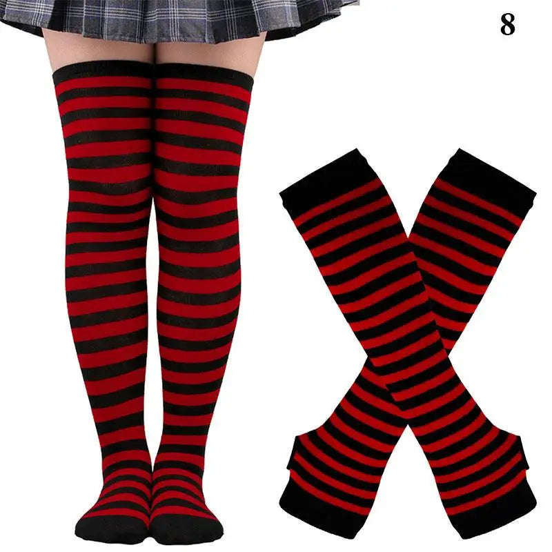 Striped neon scene knee length socks and fingerless gloves