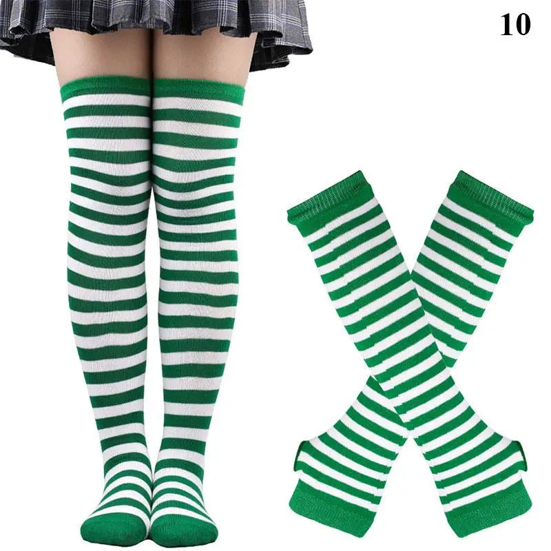 Striped neon scene knee length socks and fingerless gloves