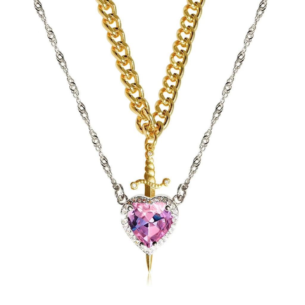 Stabbed heard detachable red/pink stone necklace