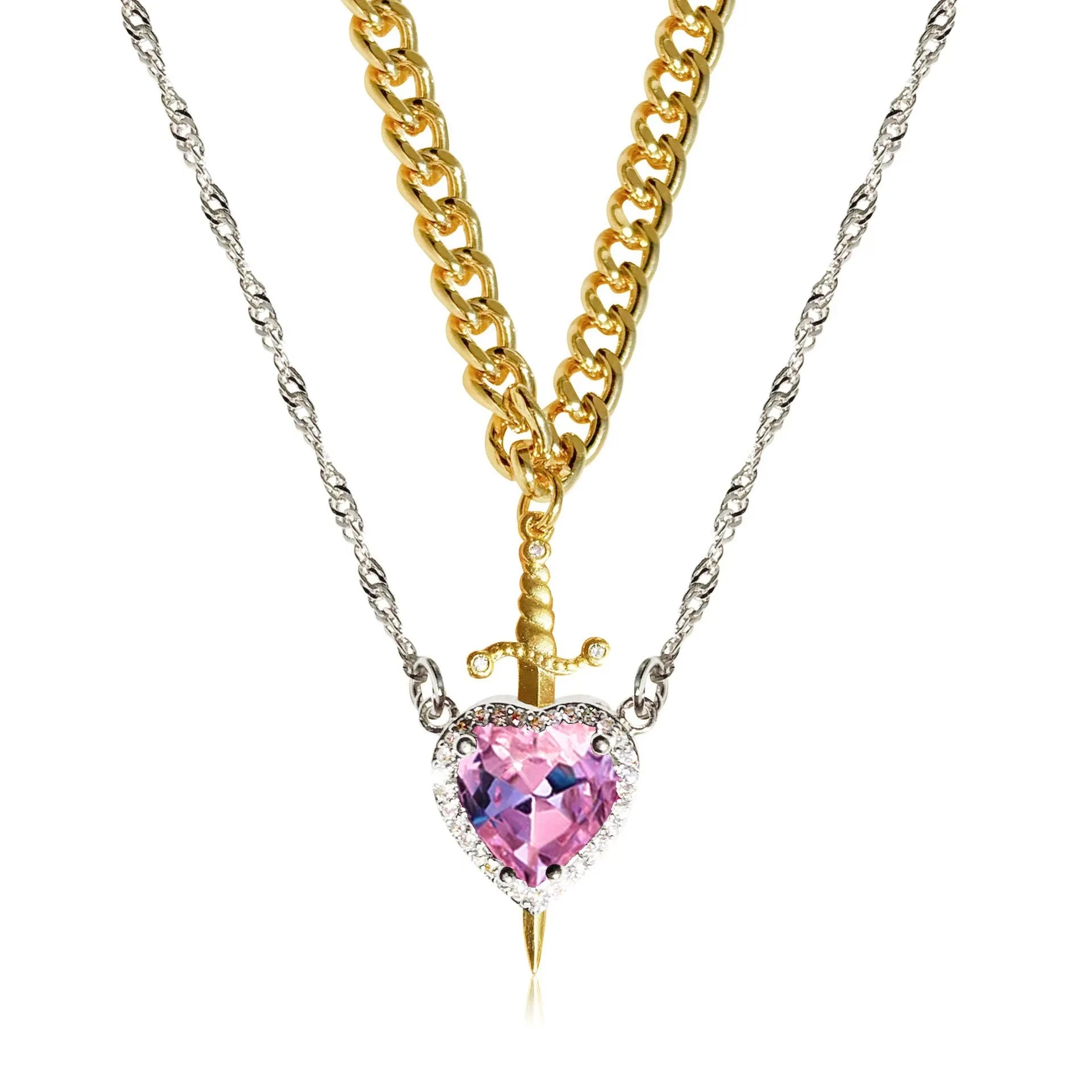 Stabbed heard detachable red/pink stone necklace