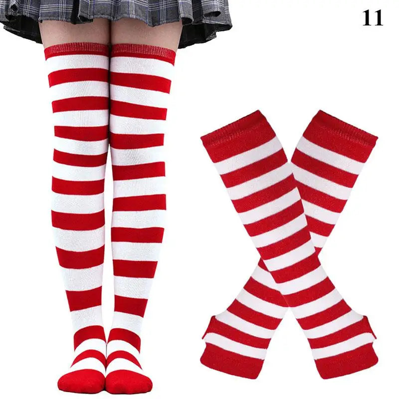 Striped neon scene knee length socks and fingerless gloves