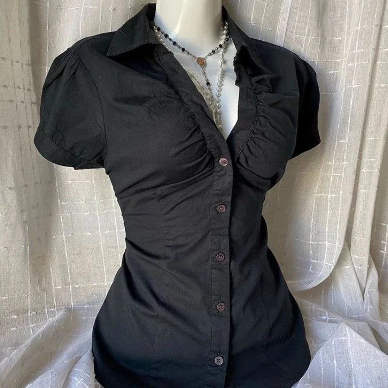 Black V-neck button up shirt