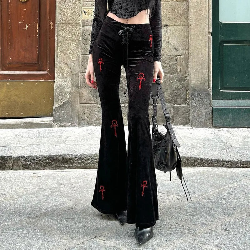 Romantic gothic red and black flare pants