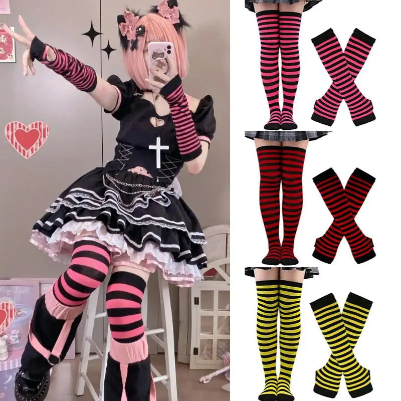 Striped neon scene knee length socks and fingerless gloves