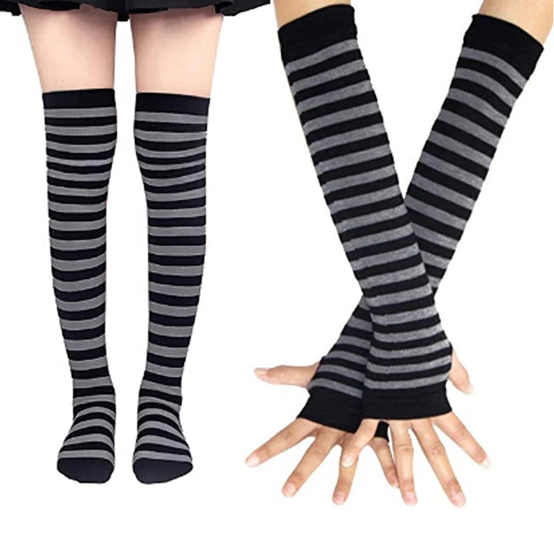 Striped neon scene knee length socks and fingerless gloves