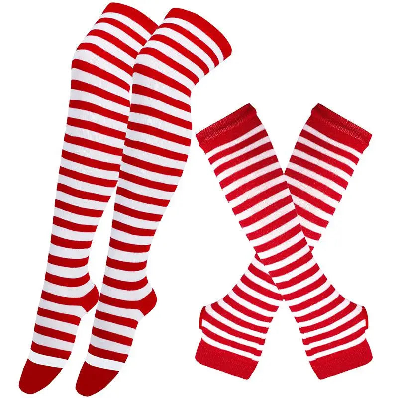 Striped neon scene knee length socks and fingerless gloves