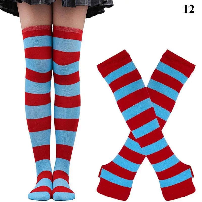 Striped neon scene knee length socks and fingerless gloves