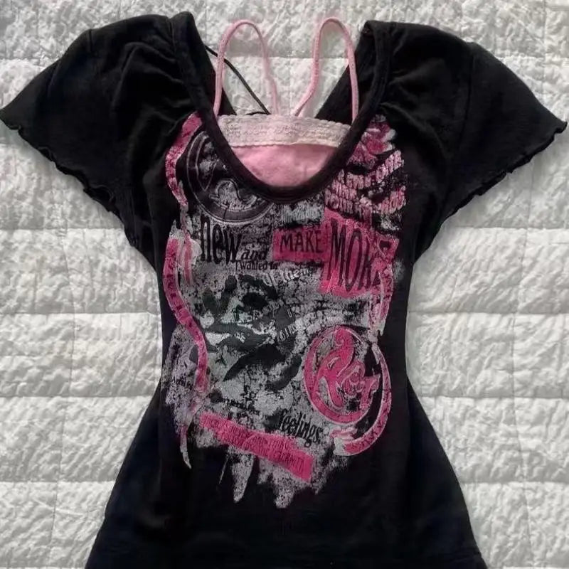 t- shirt with fake under shirt And pink pattern