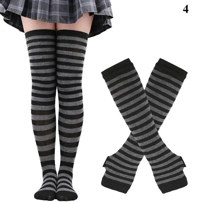 Striped neon scene knee length socks and fingerless gloves