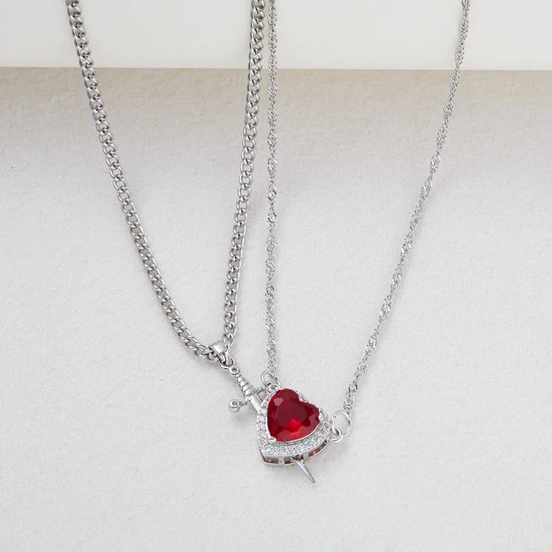 Stabbed heard detachable red/pink stone necklace
