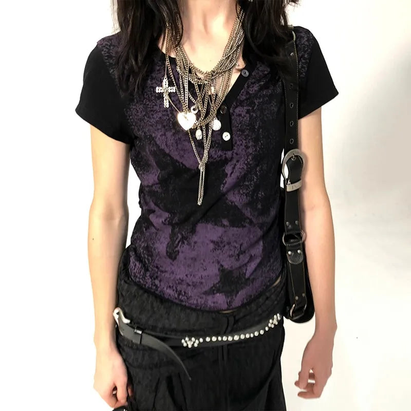 Star print black and purple tight t-shirt
