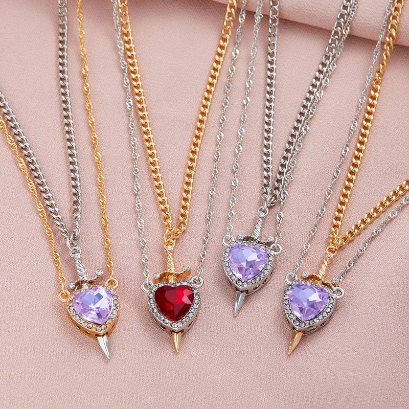 Stabbed heard detachable red/pink stone necklace