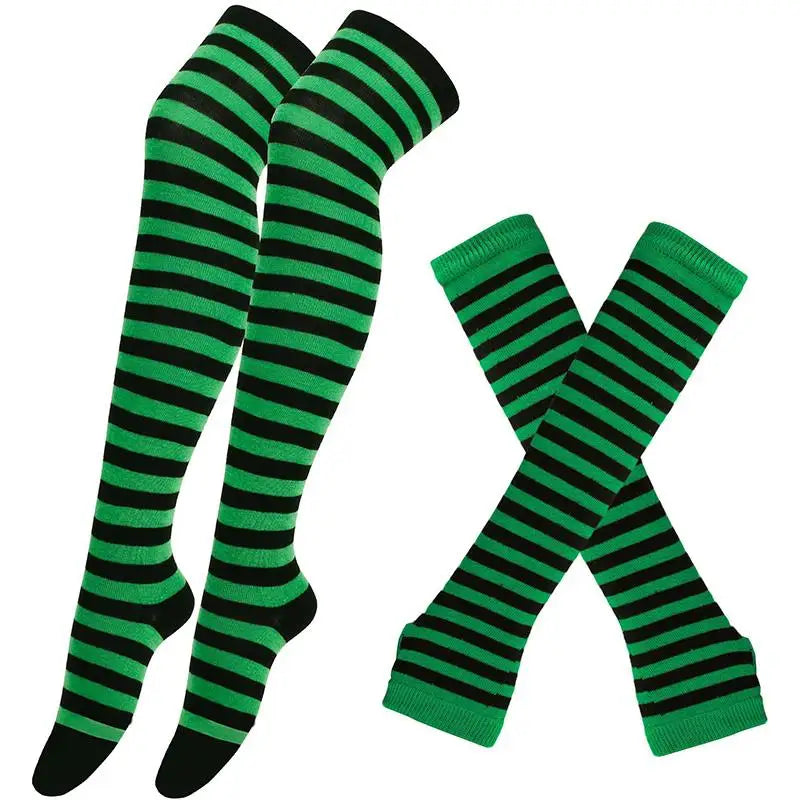 Striped neon scene knee length socks and fingerless gloves
