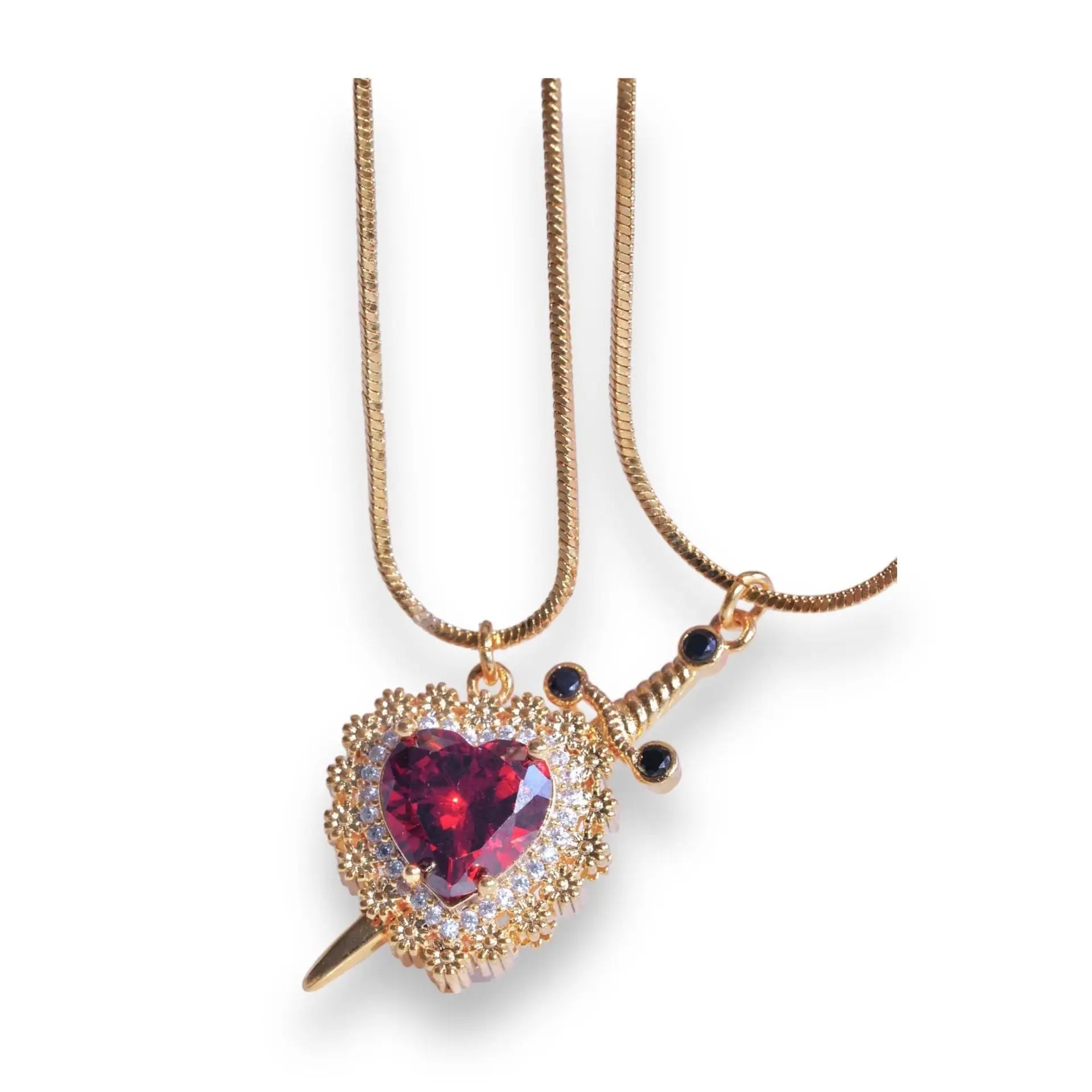 Stabbed heard detachable red/pink stone necklace