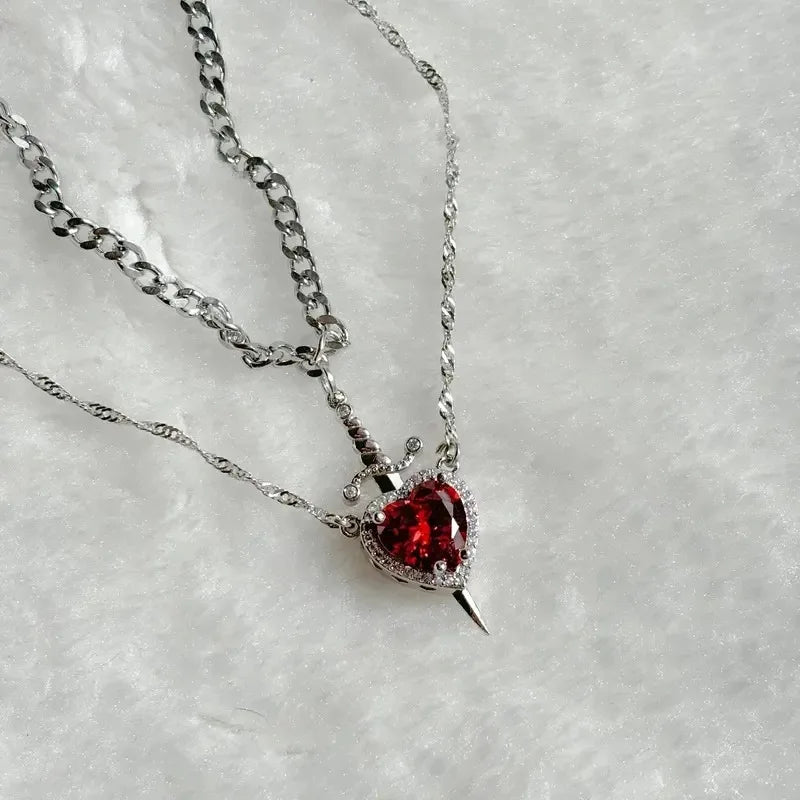 Stabbed heard detachable red/pink stone necklace