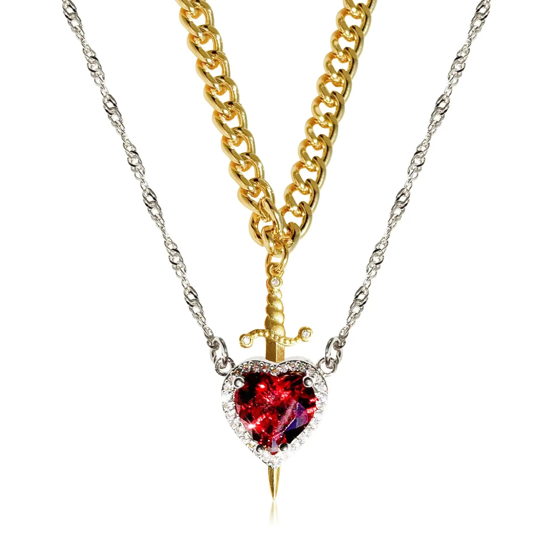 Stabbed heard detachable red/pink stone necklace