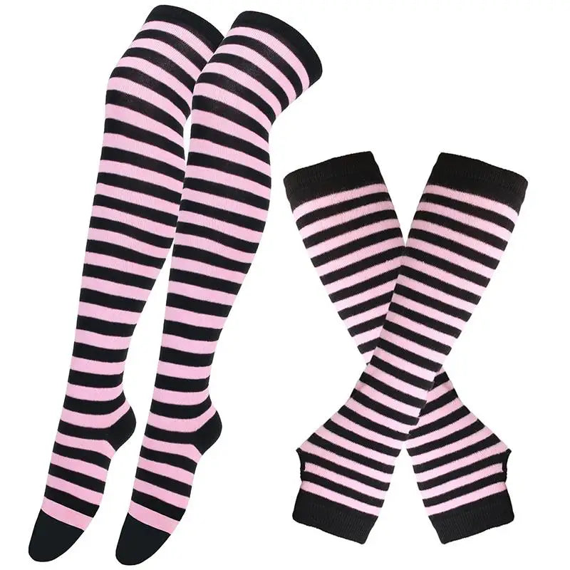 Striped neon scene knee length socks and fingerless gloves