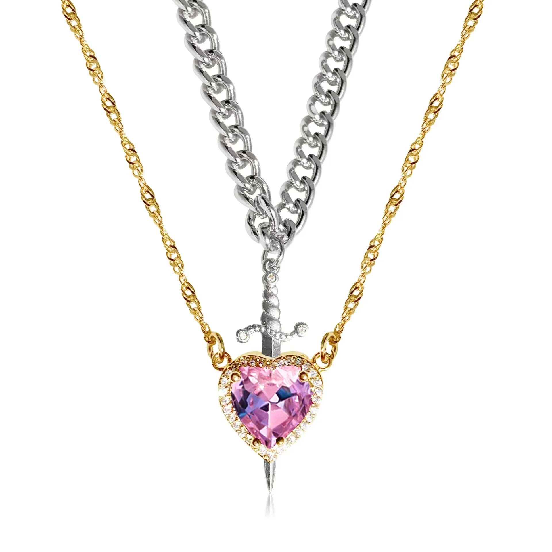 Stabbed heard detachable red/pink stone necklace