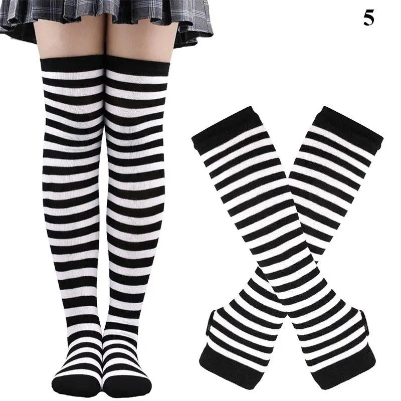 Striped neon scene knee length socks and fingerless gloves