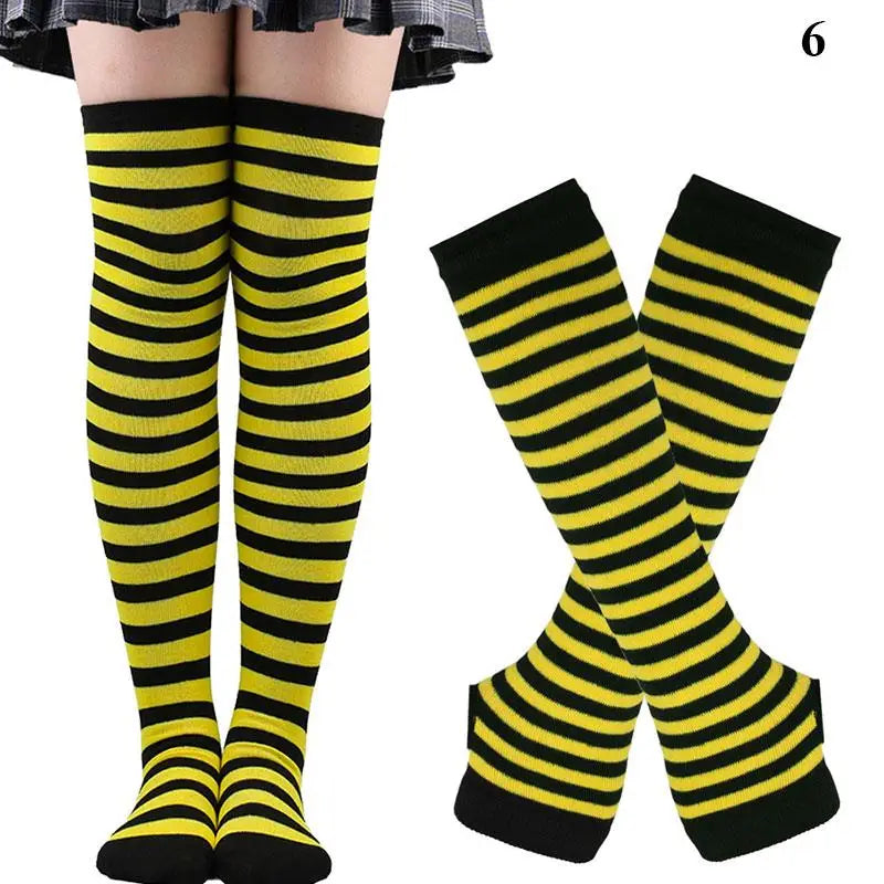 Striped neon scene knee length socks and fingerless gloves