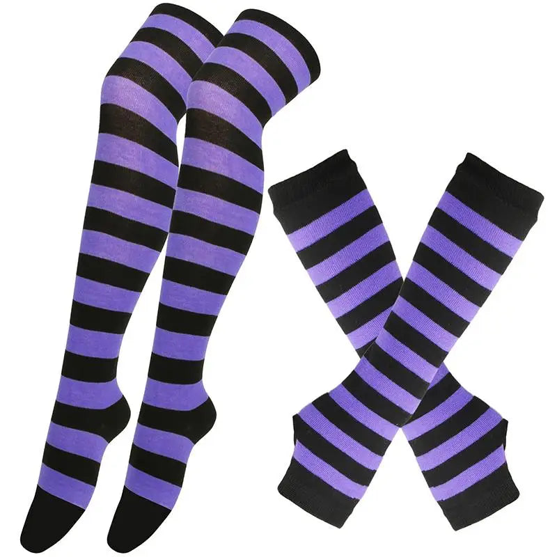 Striped neon scene knee length socks and fingerless gloves