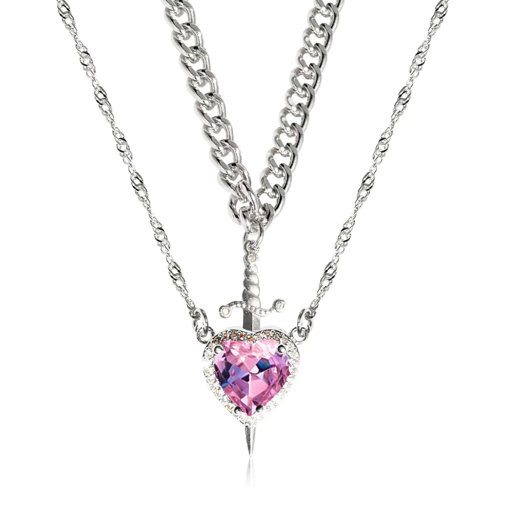 Stabbed heard detachable red/pink stone necklace