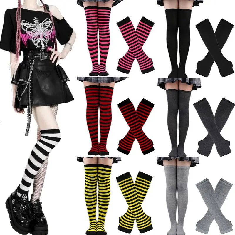 Striped neon scene knee length socks and fingerless gloves