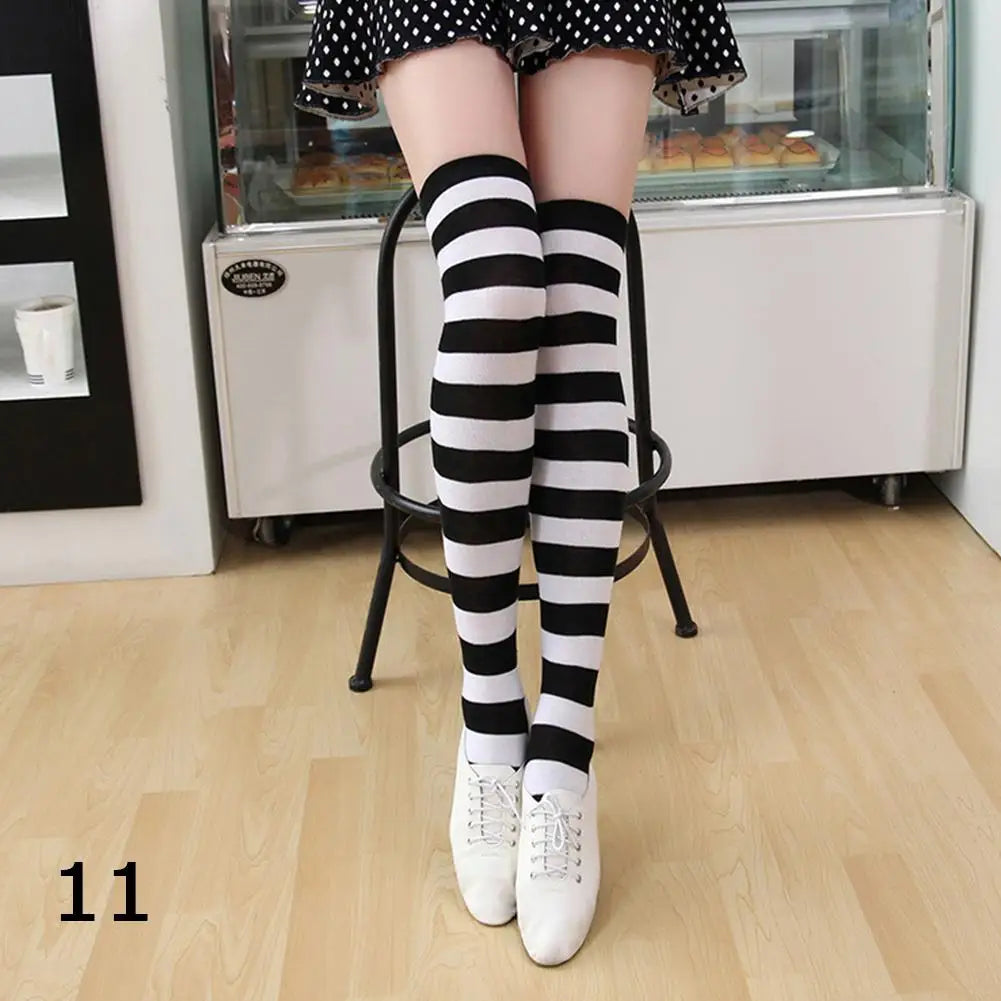 Striped neon scene knee length socks and fingerless gloves